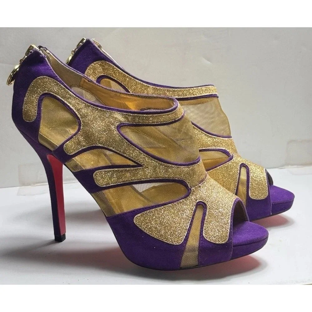 Apple Bottom Peep Toe Zippered Back Concealed Platform Heels Mesh Velvet Size 10